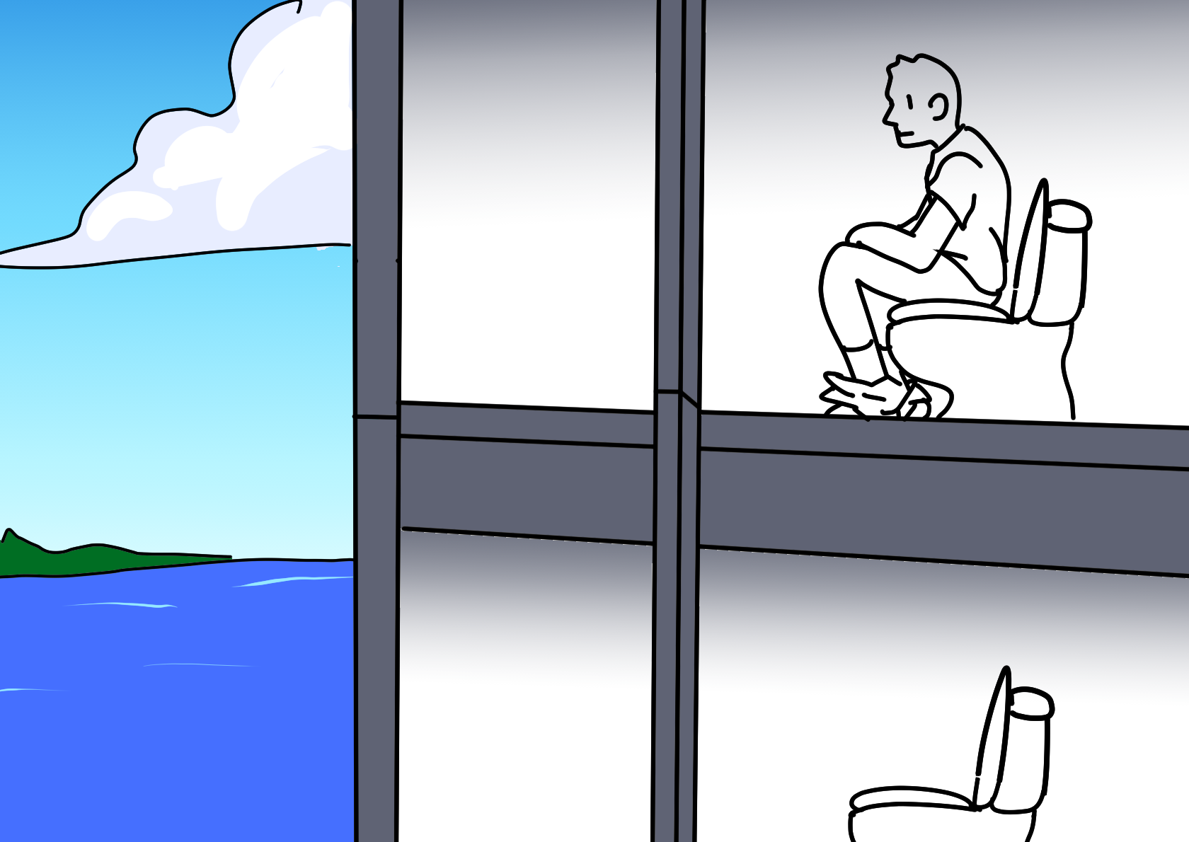 Quick sketch from memory of the view of these condos on the Toronto waterfront with toilets next to floor to ceiling windows.